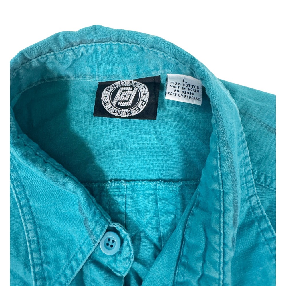 Vintage Permit‎ Shirt Mens L Turquoise Long Sleeve Button Up Cotton 90s - Picture 3 of 4